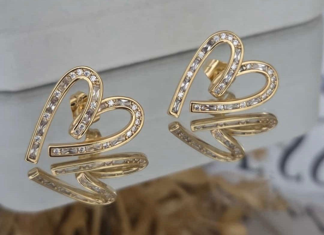 Luxury 14k gold plated Heart Stud Earrings with Crystal Accents