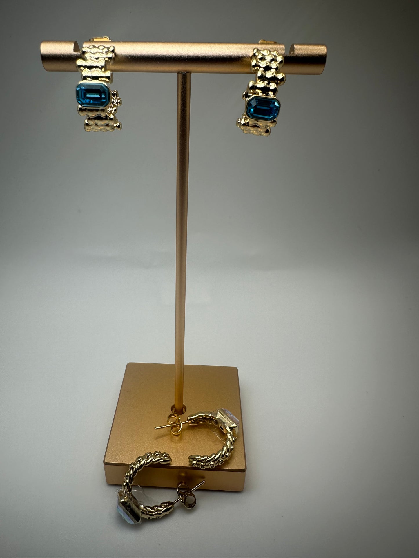 Textured Hoop Earrings with Blue Gemstone