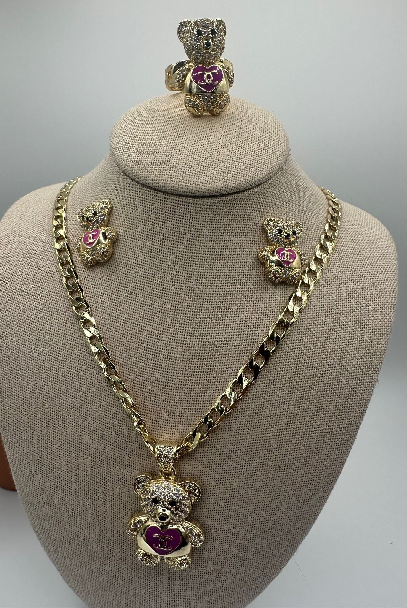 Gold Plated 14k Teddy Bear Chain Necklace & Ring Set