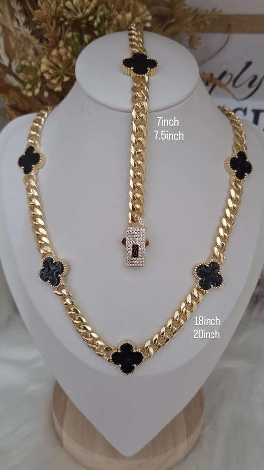 Bold Gold & Black Clover Chain Jewelry Set - Necklace & Bracelet