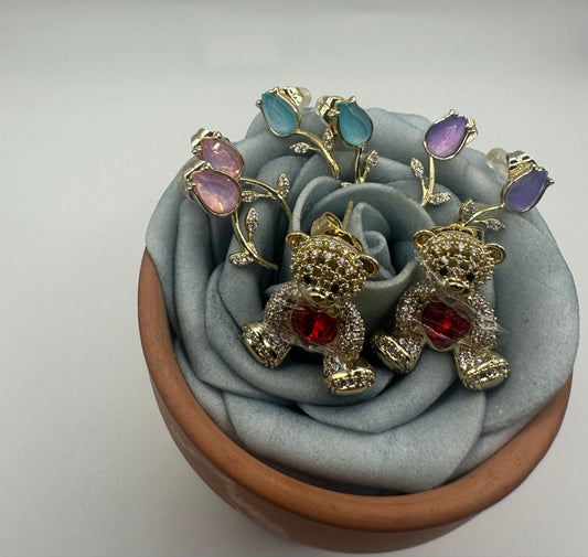 Elegant Floral & Teddy Bear Earrings Set