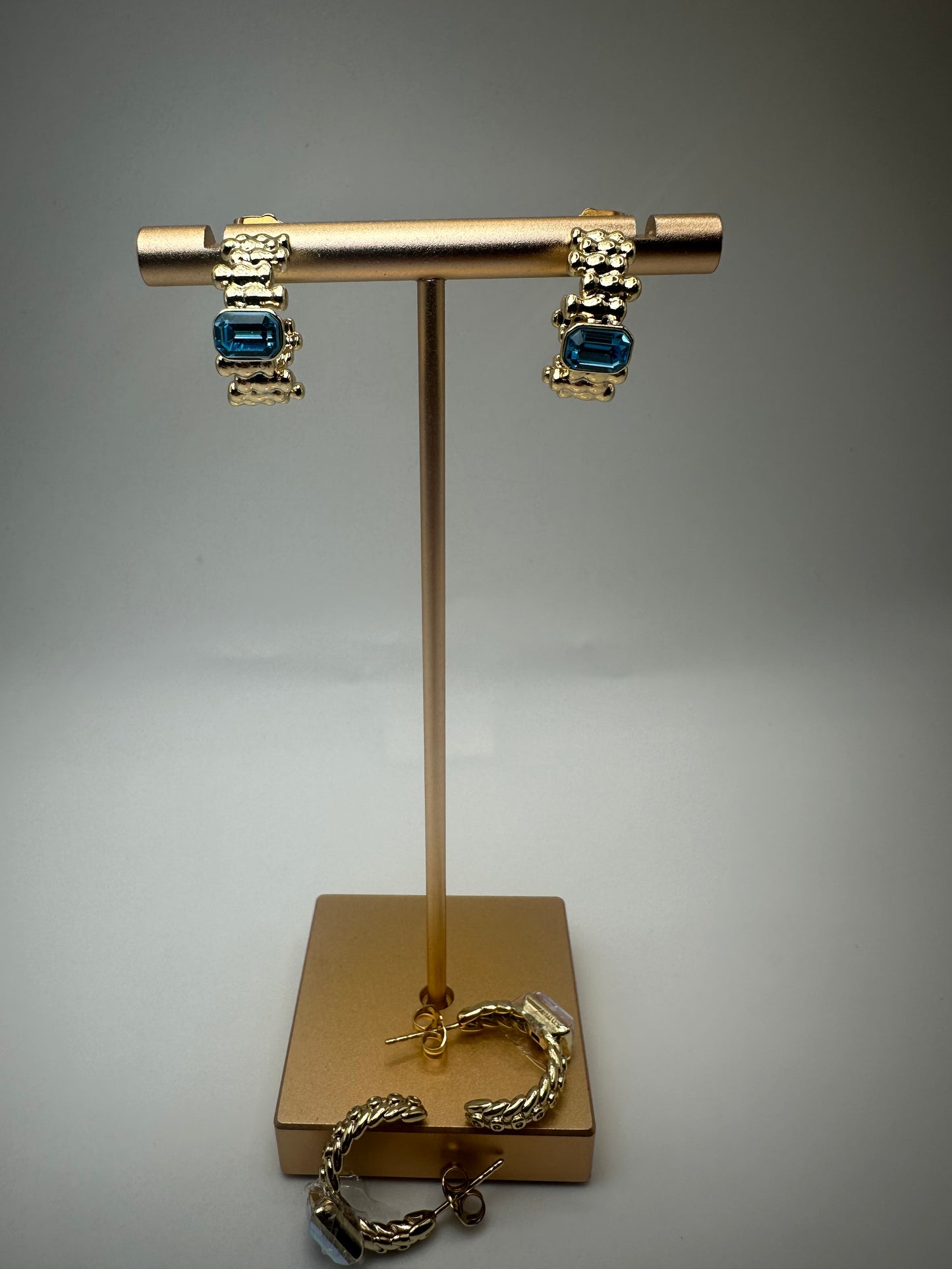 Textured Hoop Earrings with Blue Gemstone