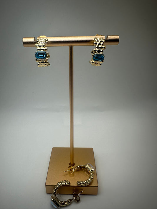 Textured Hoop Earrings with Blue Gemstone