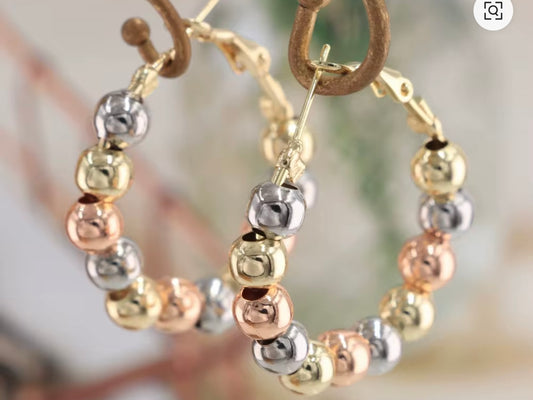 Tone Beaded Hoop Earrings – Gold, Rose Gold & Silver Sphere Beads on Bold Hoops | Mixed Metal Statement Jewelry