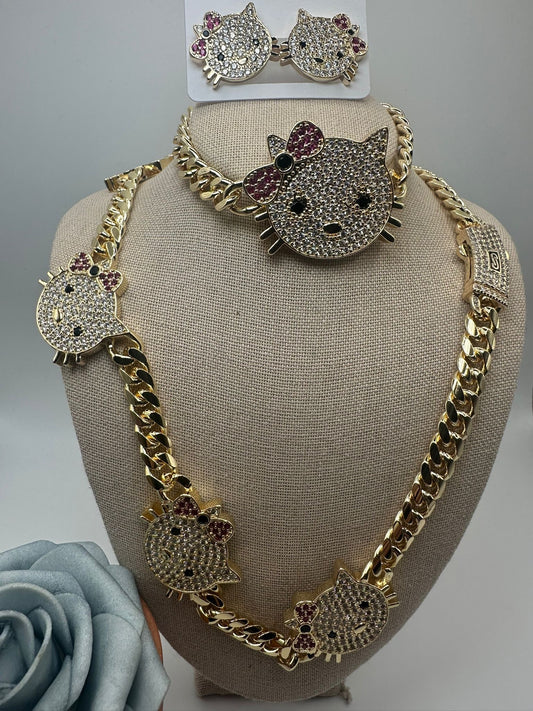 14k Gold Plated Hello Kitty Chain Necklace & Earring Set