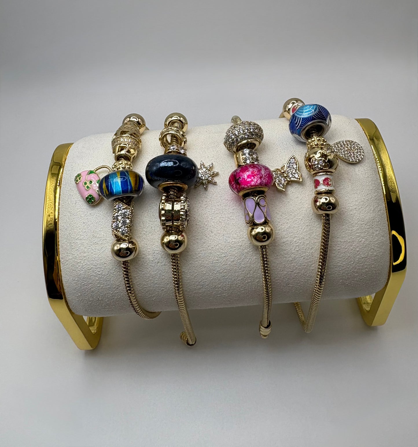 Gold-Tone Charm Bracelet with Vibrant Enamel Beads & Dangle Charms - Pandora-Inspired Statement Piec