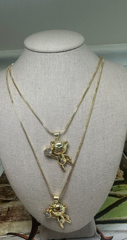 Double Layer Gold Teddy Bear Pendant Necklace