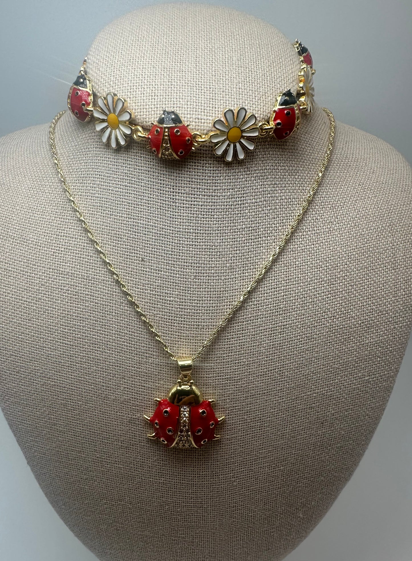 Add a playful touch to your style with this charming ladybug and daisy jewelry set!