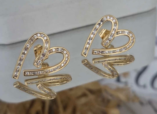 Luxury 14k gold plated Heart Stud Earrings with Crystal Accents