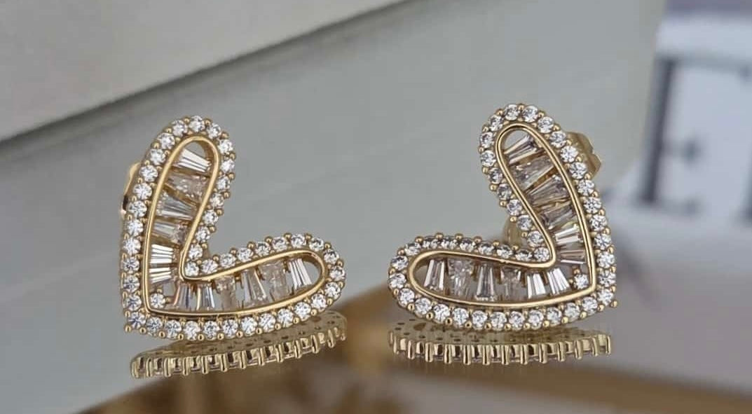 Luxury 14k gold plated Heart Stud Earrings with Crystal Accents