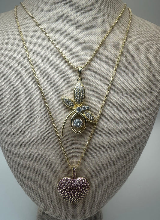 Elegant Gold-tone Layered Necklace Set with Dragonfly and Heart Pendants each sell separately.