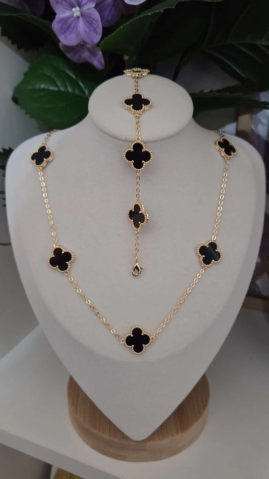 Five flowers  clovers Black Onyx Clover Necklace – 14k Gold Plated