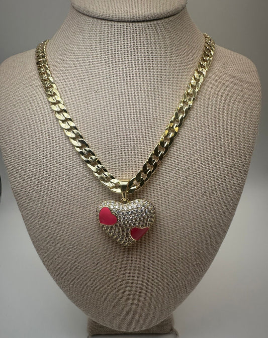 Gold Heart Pendant Necklace with Red Accents