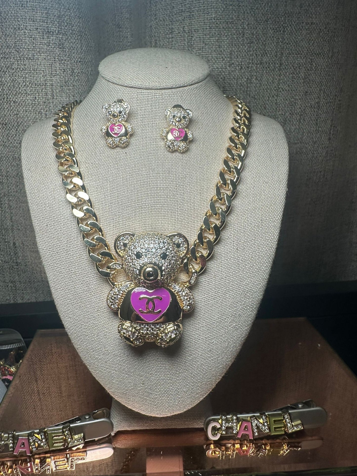 14kt Gold Plated Teddy Bear Chain Necklace & Earring Set