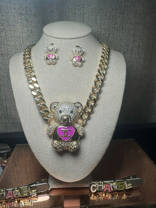 14kt Gold Plated Teddy Bear Chain Necklace & Earring Set